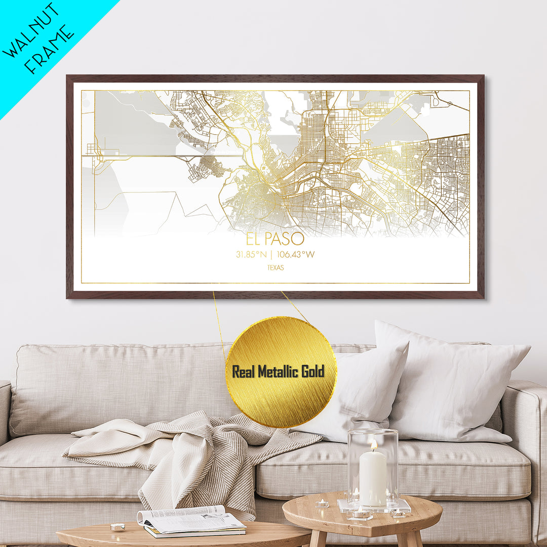 El Paso Texas City street map, Metallic Gold Print, Metal Art, wood framed map, black and gold, Street Map Art, Housewarming Gift