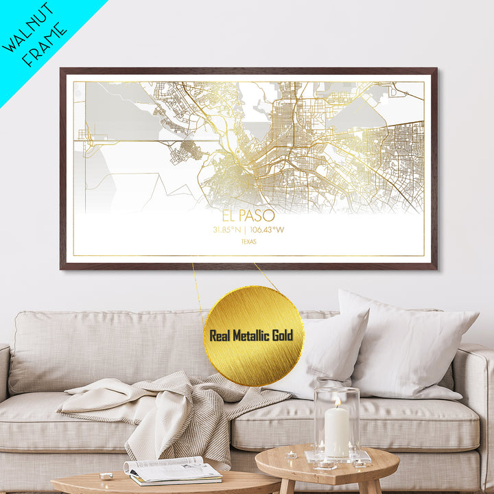 El Paso Texas City street map, Metallic Gold Print, Metal Art, wood framed map, black and gold, Street Map Art, Housewarming Gift