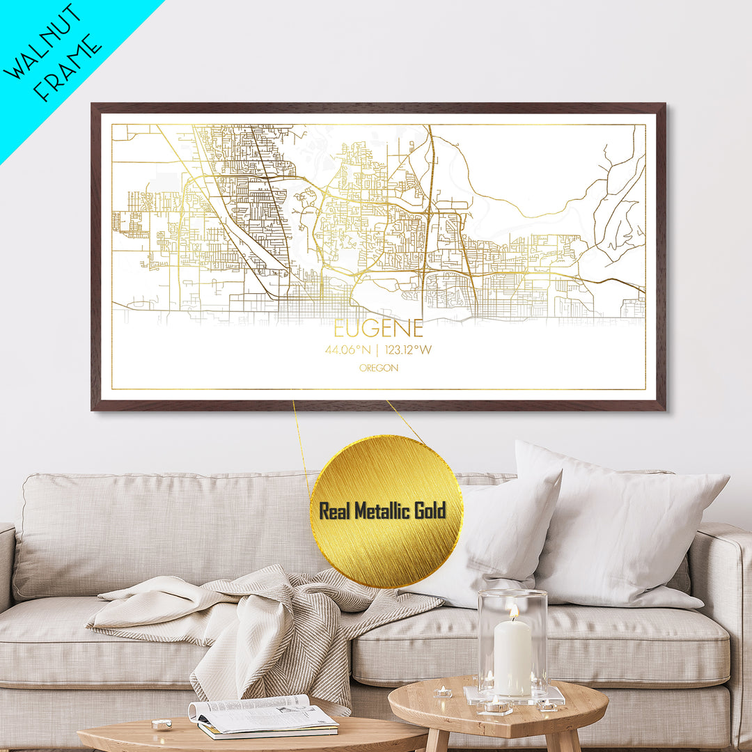 Eugene Oregon City Poster, Metallic Gold Art, Metal Art, real wood frames, black and gold, Travel Poster, Street Map Wall Art, Real Wood Frames