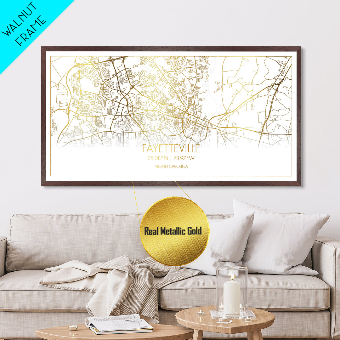 Fayetteville North Carolina City street map, Metallic Gold Print, Metal Art, wood framed map, black and gold, Street Map Art, College Dorm Décor