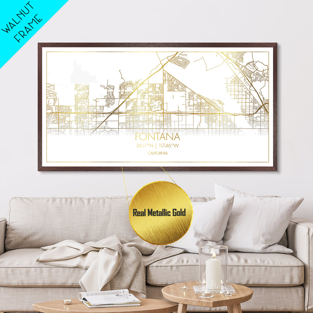 Fontana California City Poster, Metallic Gold Art, Metal Art, real wood frames, black and gold, Street Map Wall Art, Gold Street Map Art