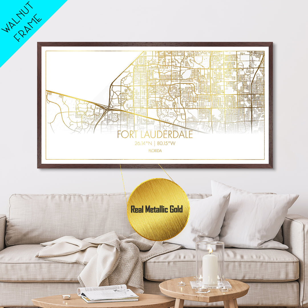 Fort Lauderdale Florida City street map, Metallic Gold Print, Metal Art, wood framed map, black and gold, Street Map Art, Housewarming Gift