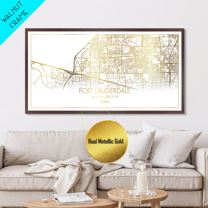 Fort Lauderdale Florida City street map, Metallic Gold Print, Metal Art, wood framed map, black and gold, Street Map Art, Housewarming Gift