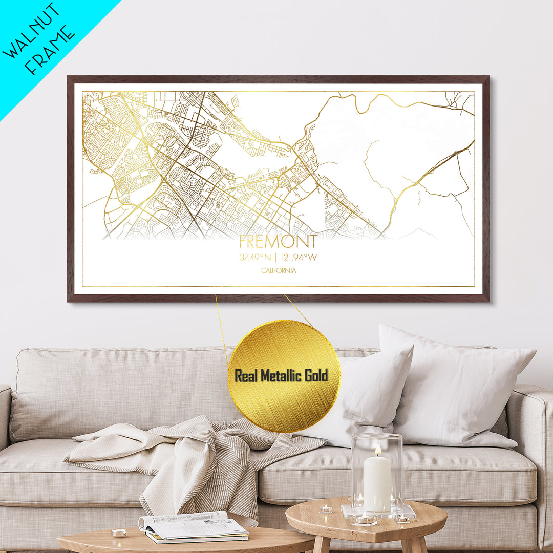 Fremont California City Poster, Metallic Gold Art, Metal Art, real wood frames, black and gold, Street Map Wall Art, Best Friend Gifts
