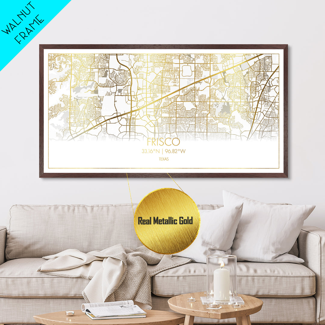 Frisco Texas City Poster, Metallic Gold Art, Metal Art, real wood frames, black and gold, Street Map Wall Art, College Dorm Décor, Office Decor