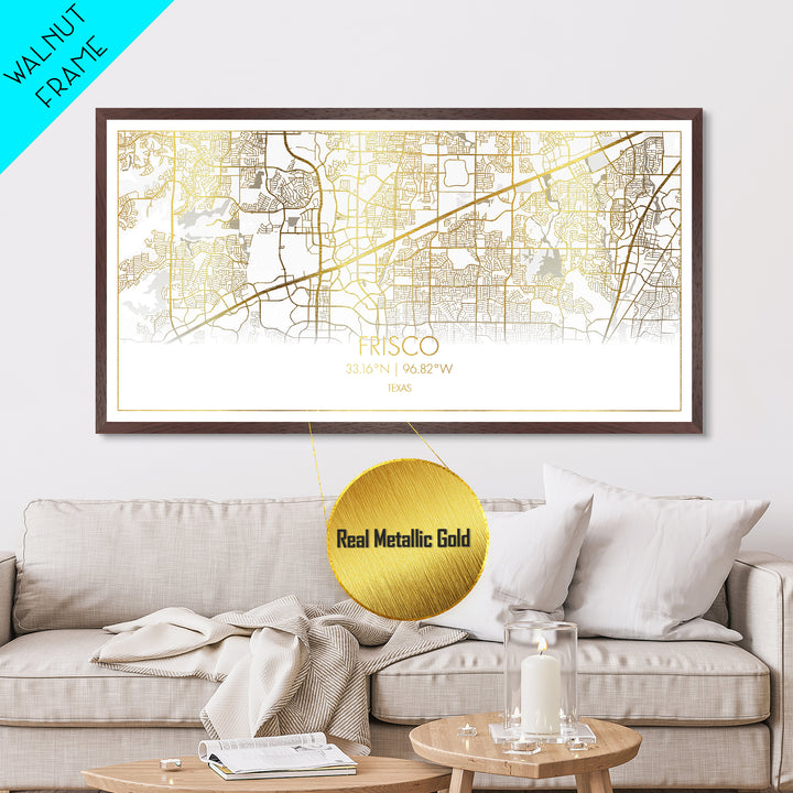 Frisco Texas City Poster, Metallic Gold Art, Metal Art, real wood frames, black and gold, Street Map Wall Art, College Dorm Décor, Office Decor
