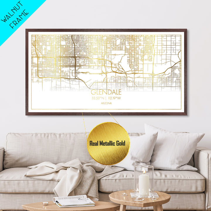 Glendale Arizona City Poster, Metallic Gold Art, Metal Art, real wood frames, black and gold, Street Map Wall Art, Travel Poster