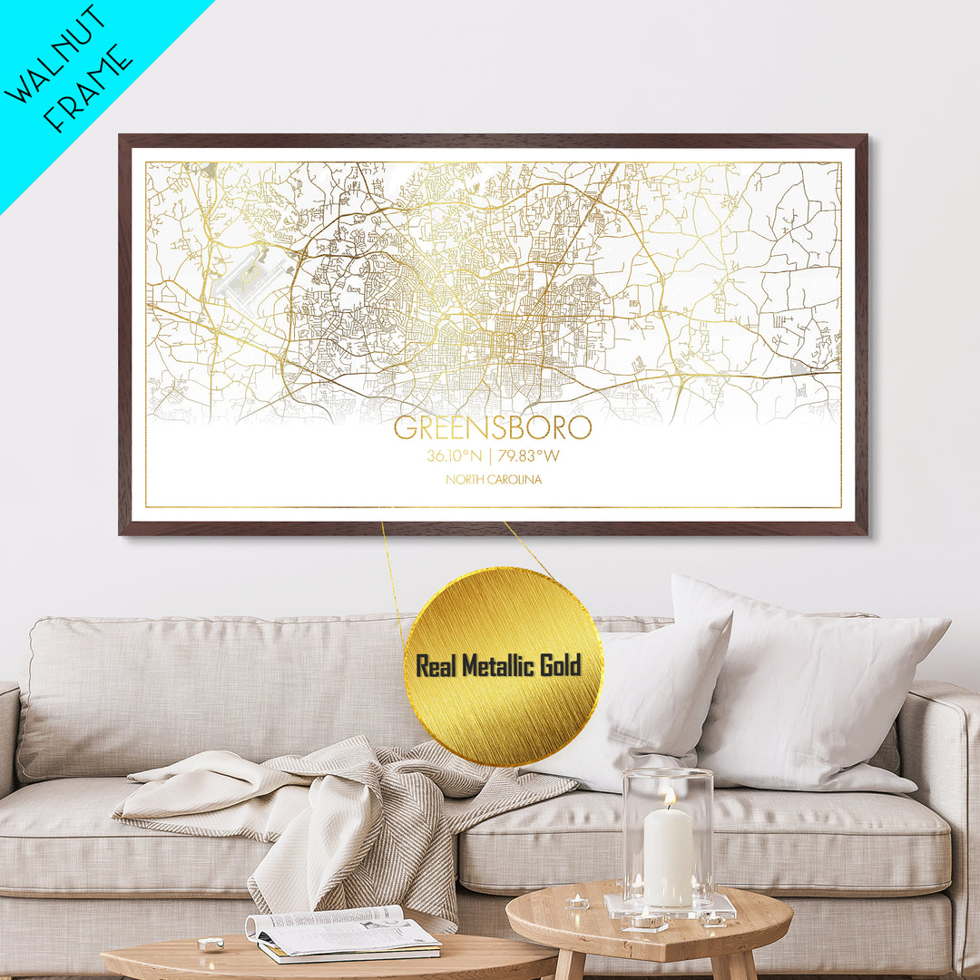 Greensboro North Carolina City Poster, Metallic Gold Art, Metal Art, real wood frames, black and gold, Street Map Wall Art, Office Decor