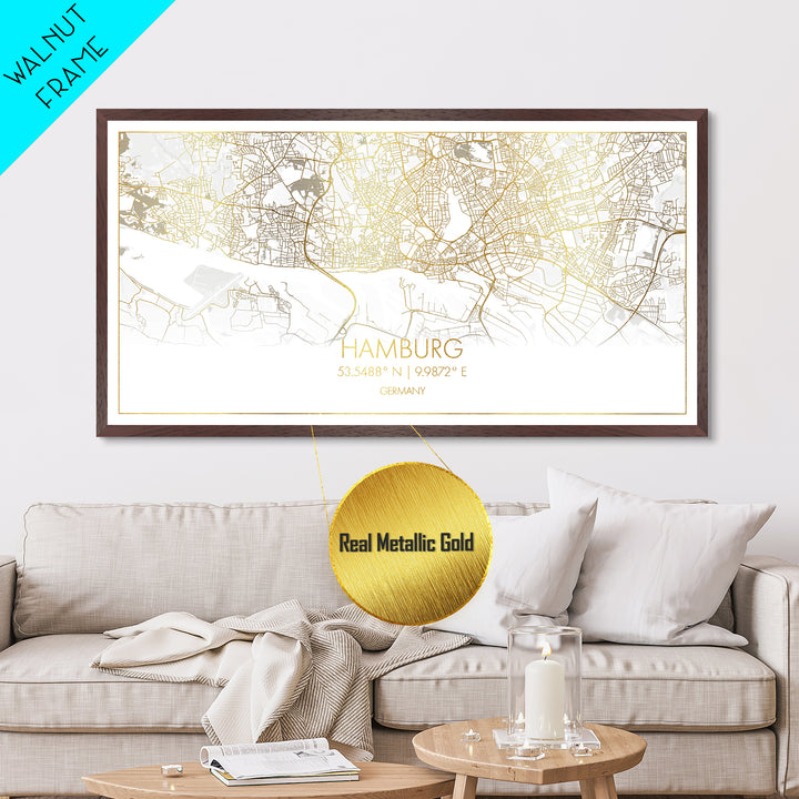 Hamburg Germany City street map, Metallic Gold Print, Metal Art, wood framed map, black and gold, Street Map Art, Travel Poster