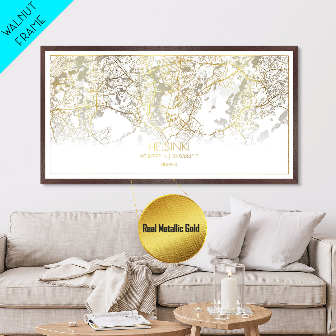Helsinki Finland City Poster, Metallic Gold Art, Metal Art, real wood frames, black and gold, Street Map Wall Art, Map Art