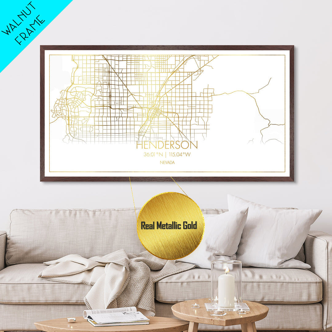 Henderson Nevada City street map, Metallic Gold Print, Metal Art, wood framed map, black and gold, Street Map Art, Housewarming Gift