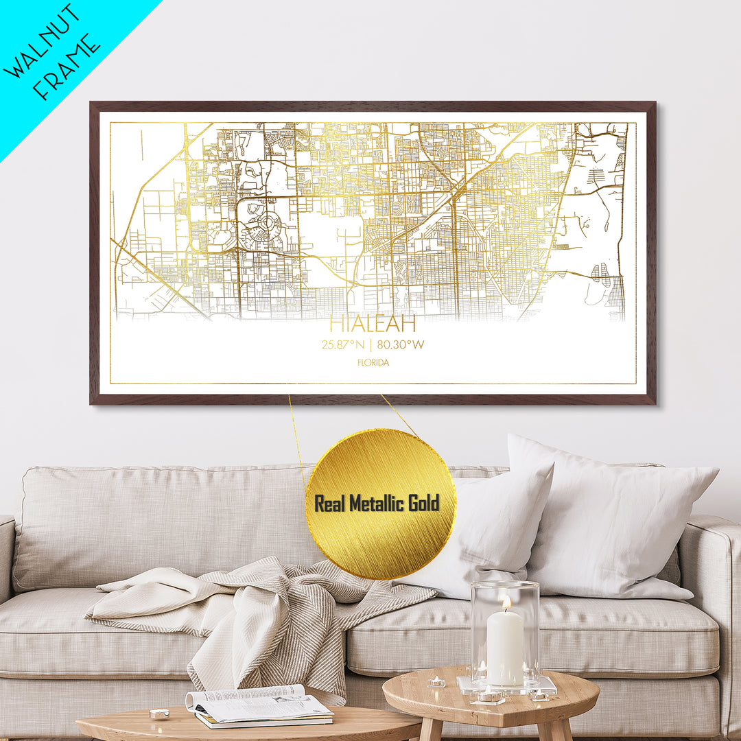 Hialeah Florida City Poster, Metallic Gold Art, Metal Art, real wood frames, black and gold, Street Map Wall Art, Map Print Poster