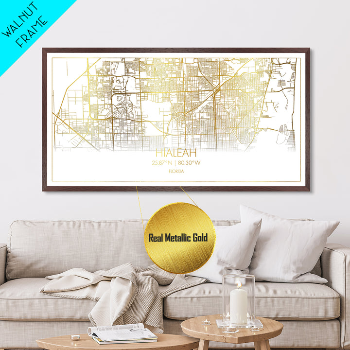 Hialeah Florida City Poster, Metallic Gold Art, Metal Art, real wood frames, black and gold, Street Map Wall Art, Map Print Poster