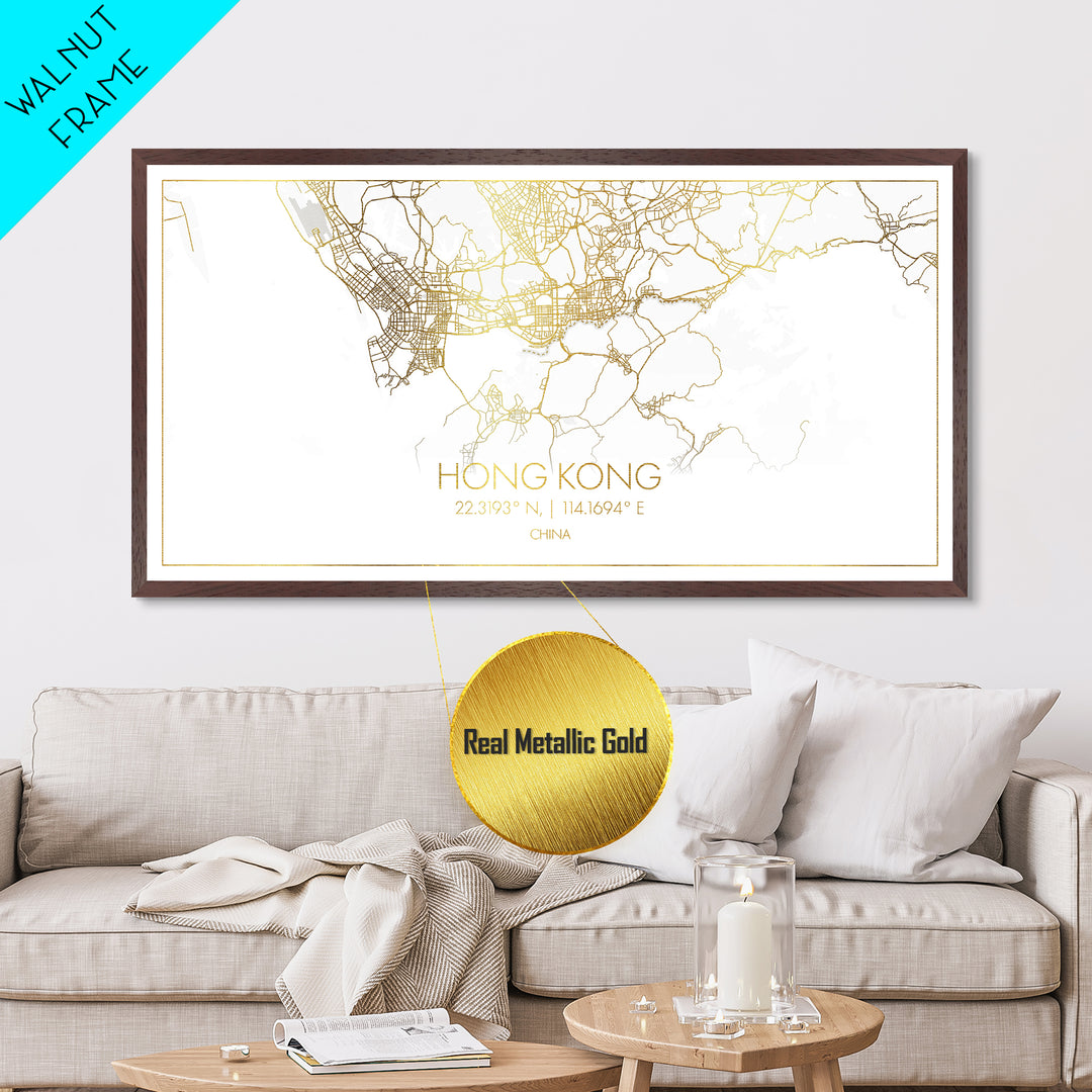 Hong Kong China City street map, Metallic Gold Print, Metal Art, wood framed map, black and gold, Street Map Art, College Dorm Décor