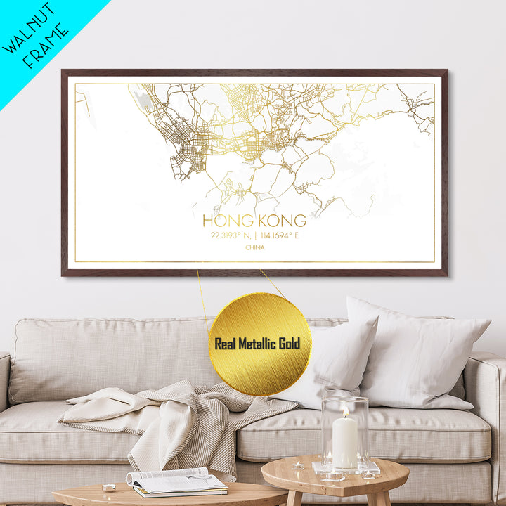 Hong Kong China City street map, Metallic Gold Print, Metal Art, wood framed map, black and gold, Street Map Art, College Dorm Décor
