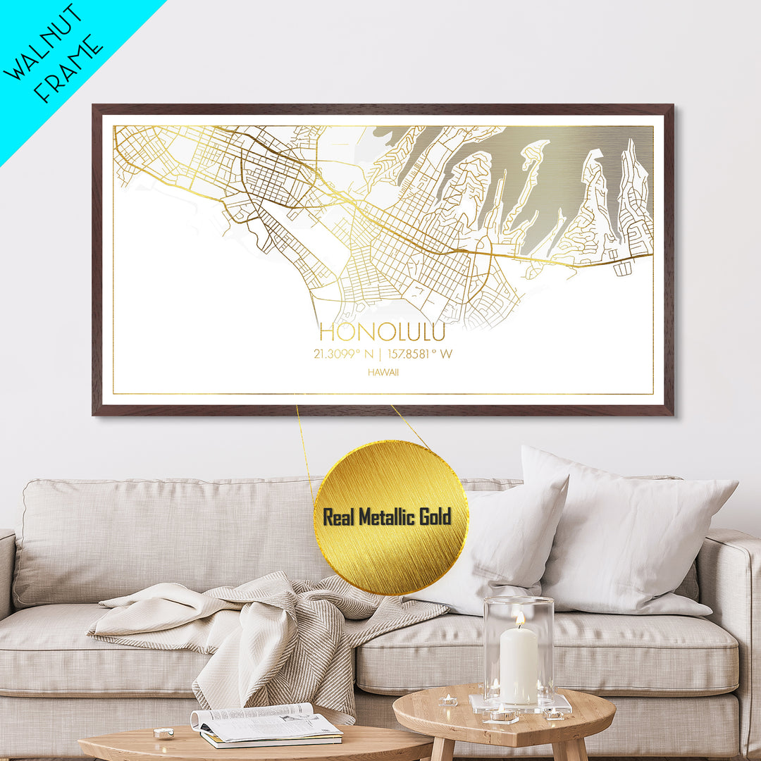 Honolulu Hawaii City Poster, Metallic Gold Art, Metal Art, real wood frames, black and gold, Street Map Wall Art, Best Friend Gifts