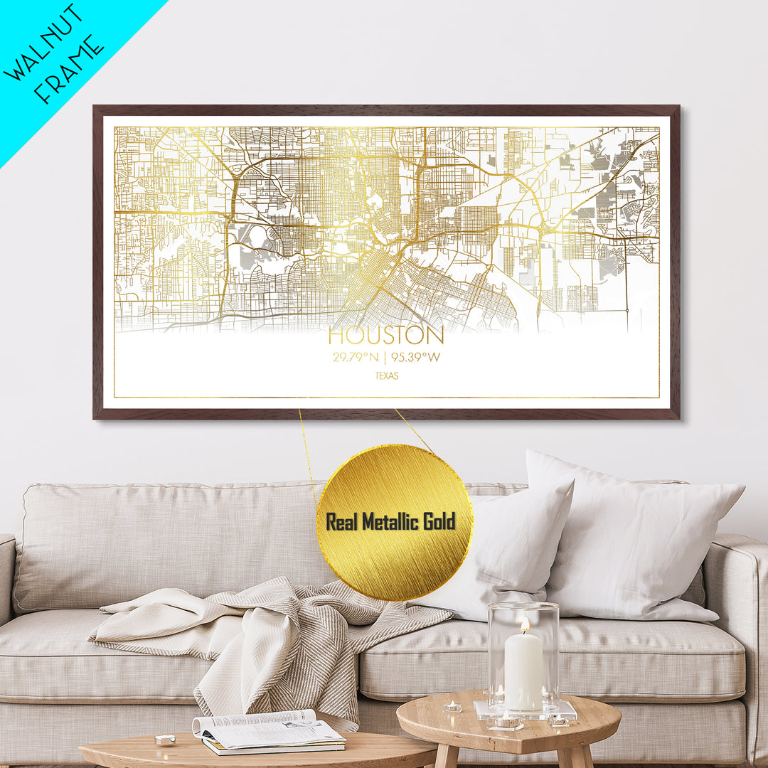 Houston Texas City street map, Metallic Gold Print, Metal Art, wood framed map, black and gold, Street Map Art, Travel Poster, Modern House Art