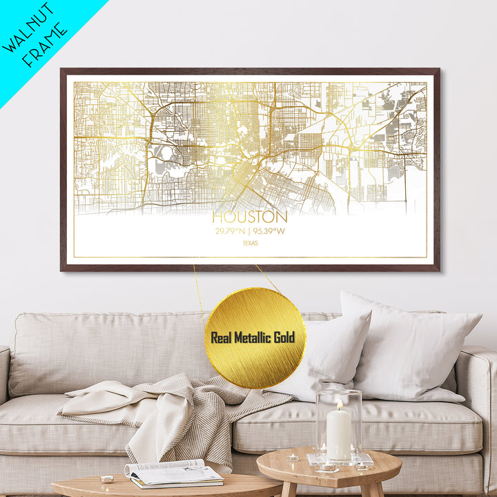 Houston Texas City street map, Metallic Gold Print, Metal Art, wood framed map, black and gold, Street Map Art, Travel Poster, Modern House Art