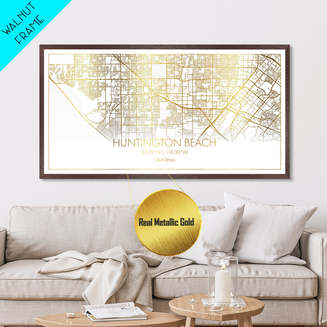 Huntington Beach California City Poster, Metallic Gold Art, Metal Art, real wood frames, black and gold, Street Map Wall Art, Office Decor