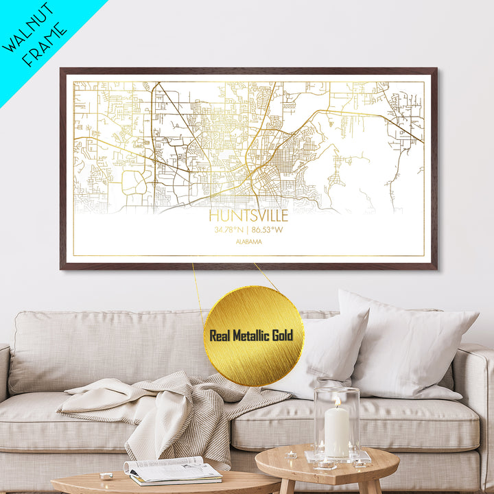 Huntsville Alabama City street map, Metallic Gold Print, Metal Art, wood framed map, black and gold, Street Map Art, Housewarming Gift