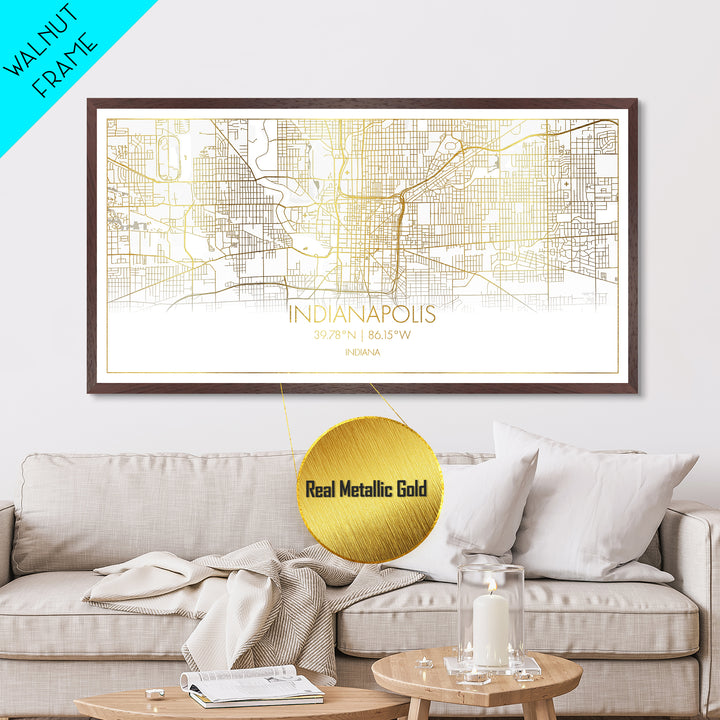 Indianapolis Indiana City Poster, Metallic Gold Art, Metal Art, real wood frames, black and gold, Street Map Wall Art, Map Print Poster