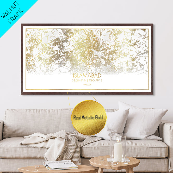 Islamabad Pakistan City street map, Metallic Gold Print, Metal Art, wood framed map, black and gold, Street Map Art, Best Friend Gifts