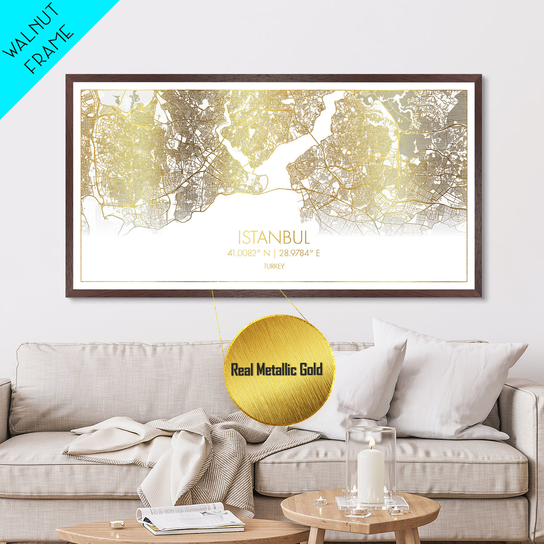 Istanbul Turkey City Poster, Metallic Gold Art, Metal Art, real wood frames, black and gold, Street Map Wall Art, Housewarming Gift