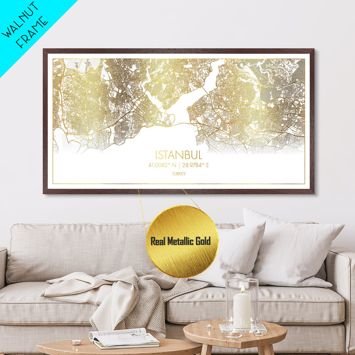 Istanbul Turkey City Poster, Metallic Gold Art, Metal Art, real wood frames, black and gold, Street Map Wall Art, Housewarming Gift