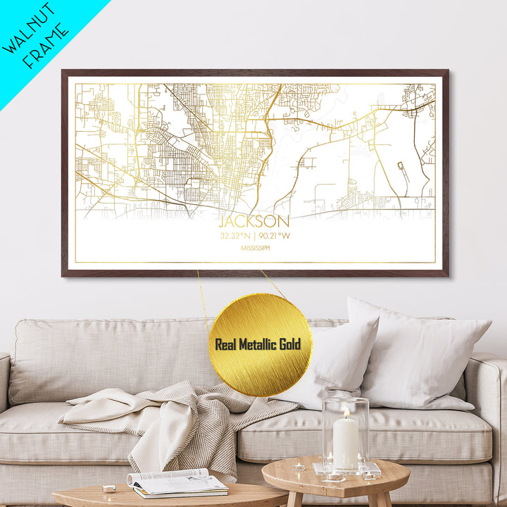 Jackson Mississippi City street map, Metallic Gold Print, Metal Art, wood framed map, black and gold, Street Map Art, Map Art