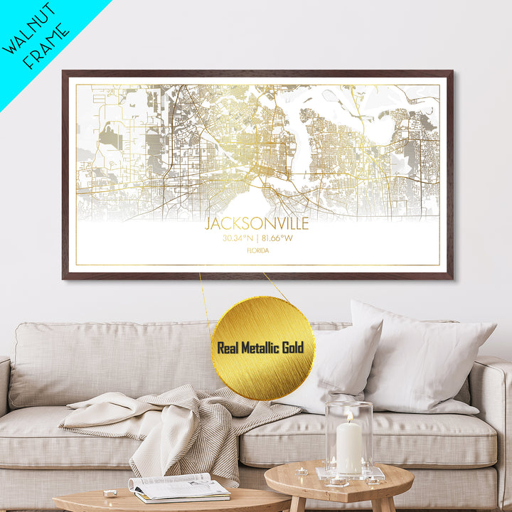Jacksonville Florida City Poster, Metallic Gold Art, Metal Art, real wood frames, black and gold, Street Map Wall Art, Office Decor