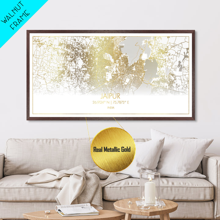 Jaipur India City street map, Metallic Gold Print, Metal Art, wood framed map, black and gold, Street Map Art, Gold Street Map Art