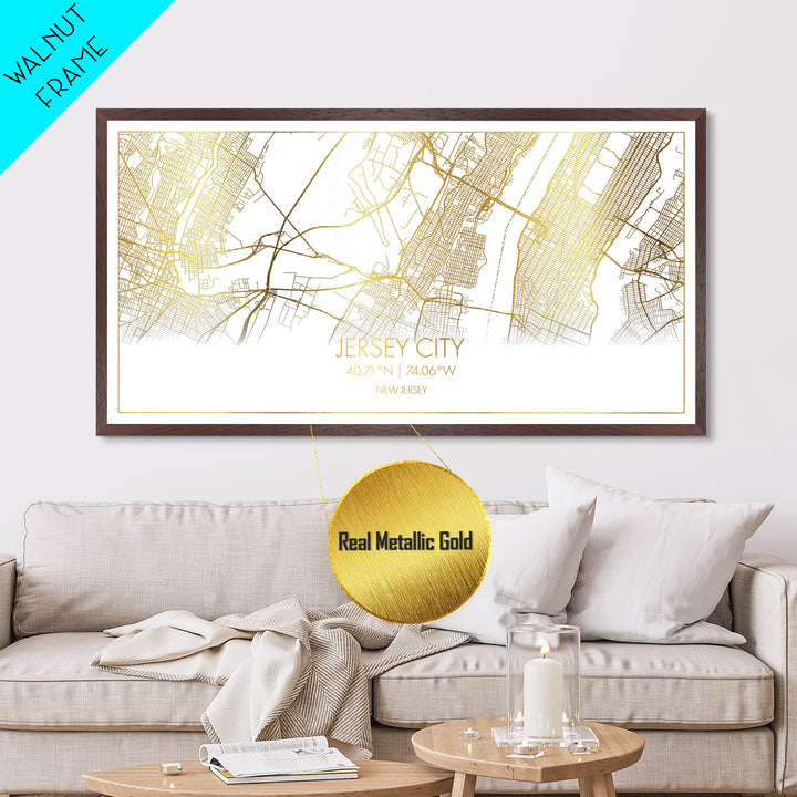 Jersey City New Jersey City Poster, Metallic Gold Art, Metal Art, real wood frames, black and gold, Street Map Wall Art, College Dorm Décor