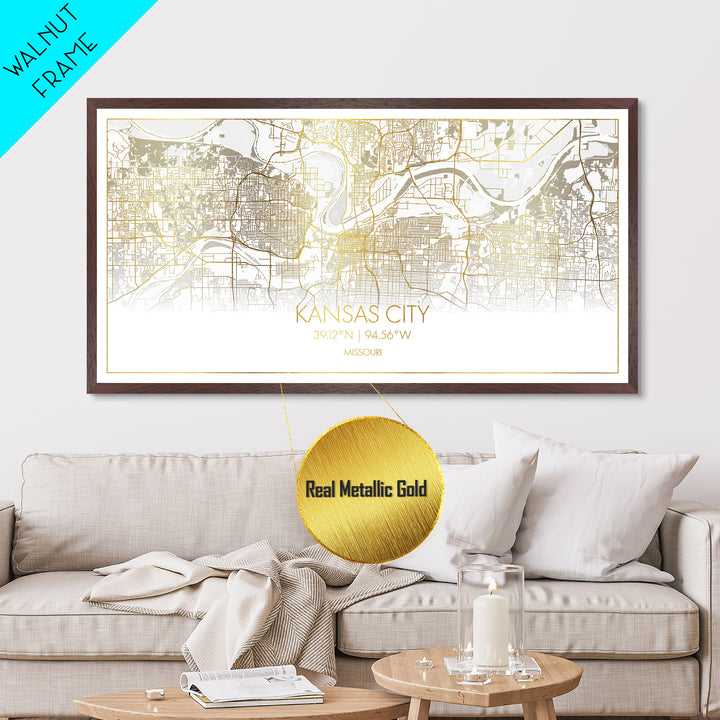 Kansas City Missouri City street map, Metallic Gold Print, Metal Art, wood framed map, black and gold, Street Map Art, Minimalist Wall Art