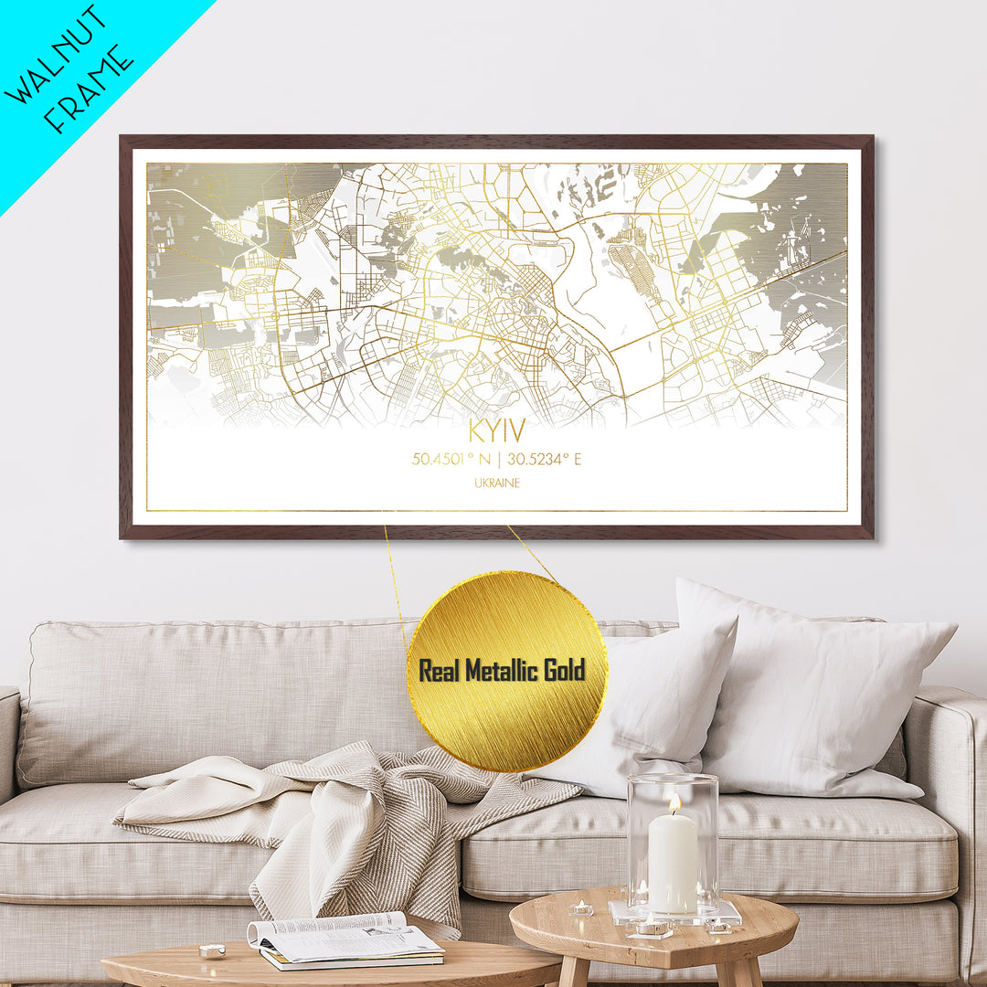Kyiv Ukraine City street map, Metallic Gold Print, Metal Art, wood framed map, black and gold, Street Map Wall Art, Travel Poster