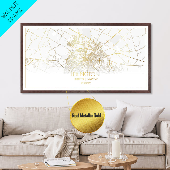Lexington Kentucky City street map, Metallic Gold Print, Metal Art, wood framed map, black and gold, Minimalist Wall Art, Travel Poster