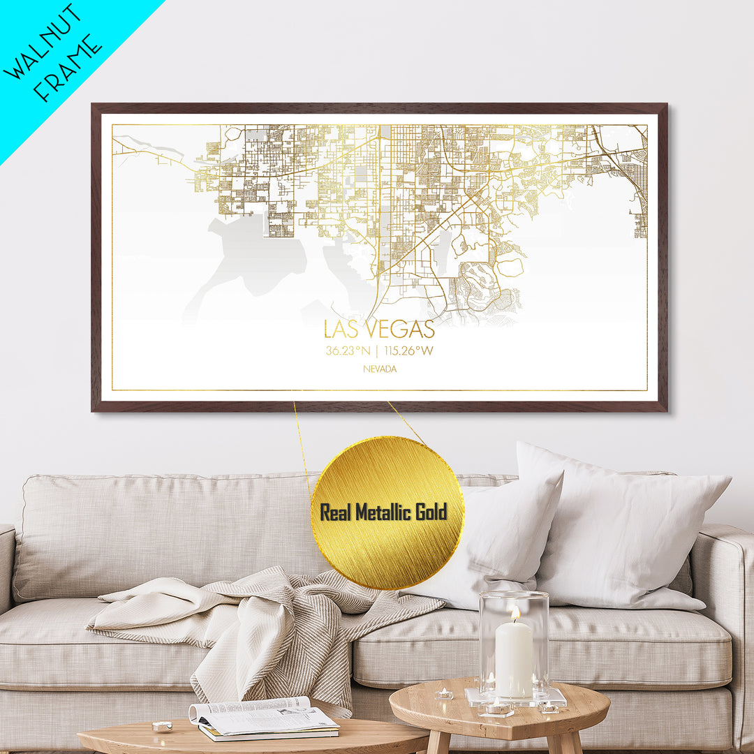 Las Vegas Nevada City street map, Metallic Gold Print, Metal Art, wood framed map, black and gold, Gold Street Map Art, Office Decor