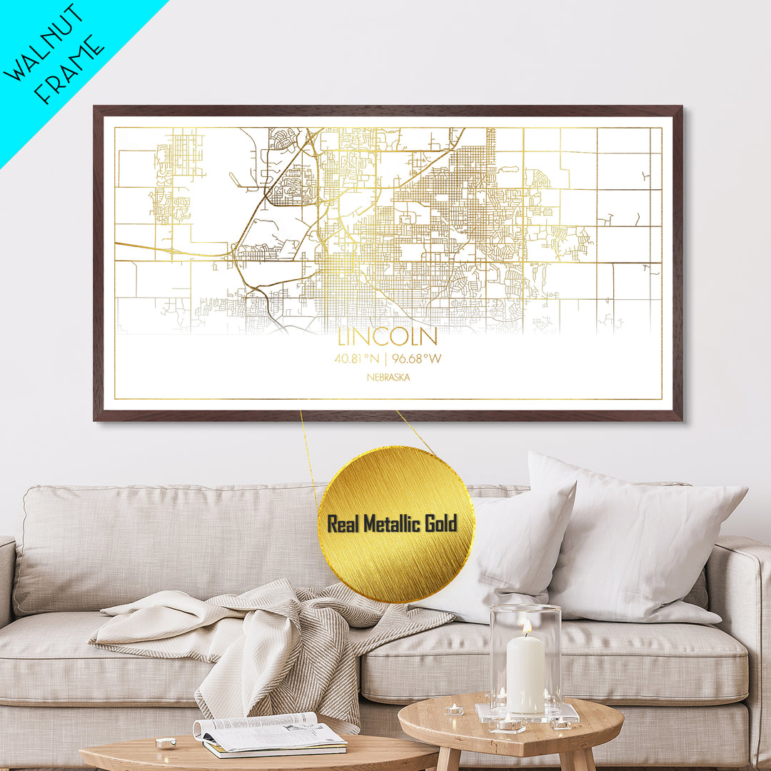Lincoln Nebraska City Poster, Metallic Gold Art, Metal Art, real wood frames, black and gold, Street Map Art, Best Friend Gifts