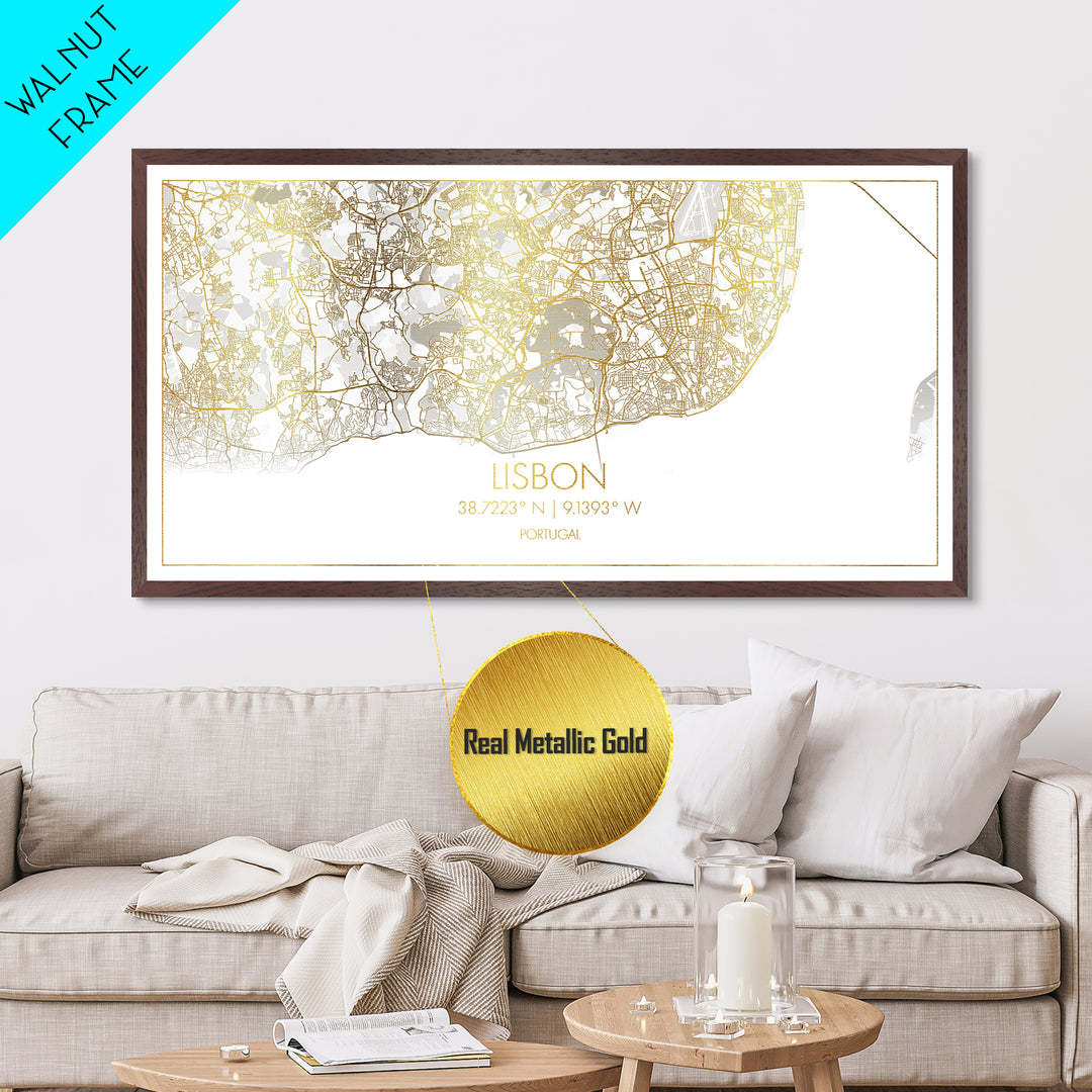 Lisbon Portugal City street map, Metallic Gold Print, Metal Art, wood framed map, black and gold, Travel Poster, Modern Wall Art