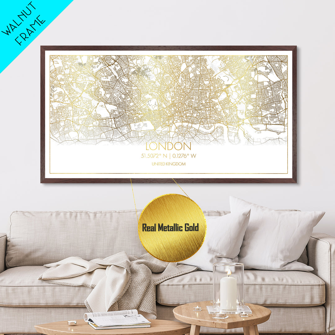 London United Kingdom City street map, Metallic Gold Print, Metal Art, wood framed map, black and gold, Street Map Wall Art, Housewarming Gift