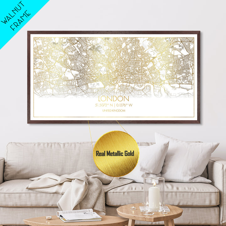 London United Kingdom City street map, Metallic Gold Print, Metal Art, wood framed map, black and gold, Street Map Wall Art, Housewarming Gift