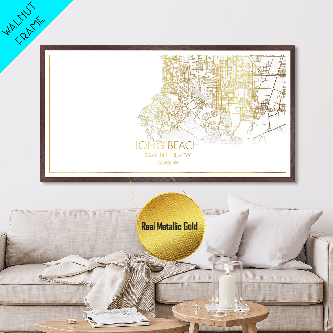 Long Beach California City Poster, Metallic Gold Art, Metal Art, real wood frames, black and gold, Gold Street Map Art, Minimalist Wall Art