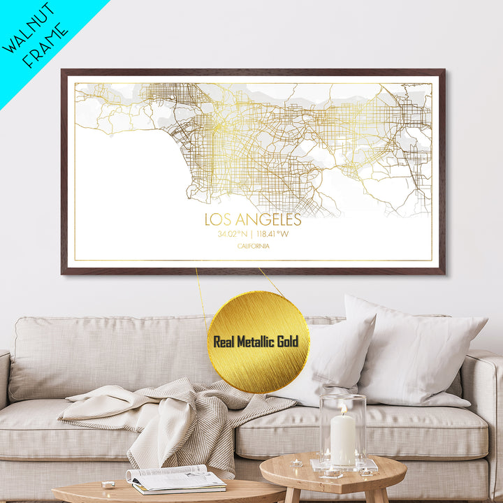 Los Angeles California City street map, Metallic Gold Print, Metal Art, wood framed map, black and gold, Street Map Art, Travel Poster