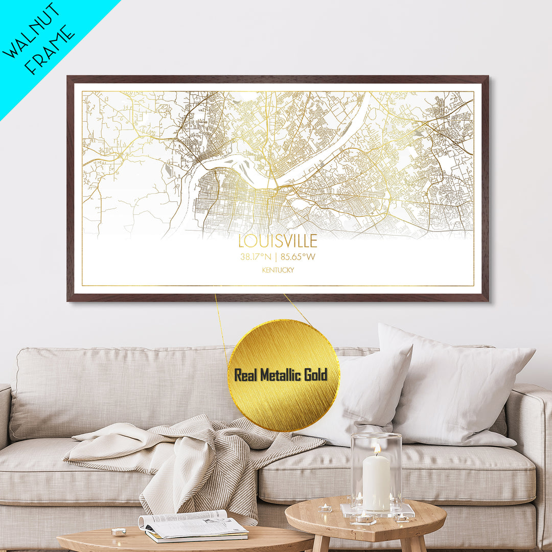 Louisville Kentucky City Poster, Metallic Gold Art, Metal Art, real wood frames, black and gold, Street Map Wall Art, Map Art