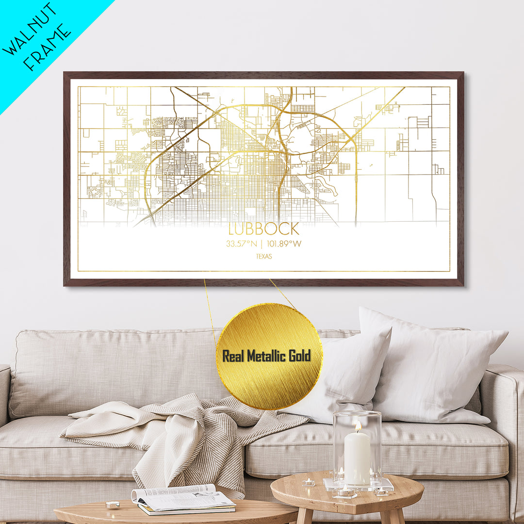 Lubbock Texas City street map, Metallic Gold Print, Metal Art, wood framed map, black and gold, Street Map Art, Best Friend Gifts