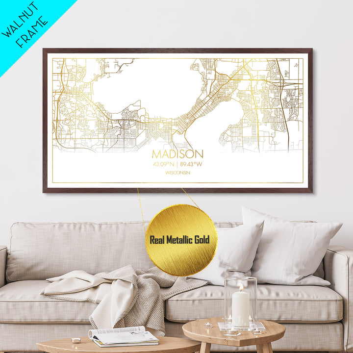 Madison Wisconsin City Poster, Metallic Gold Art, Metal Art, real wood frames, black and gold, Travel Poster, Minimalist Wall Art