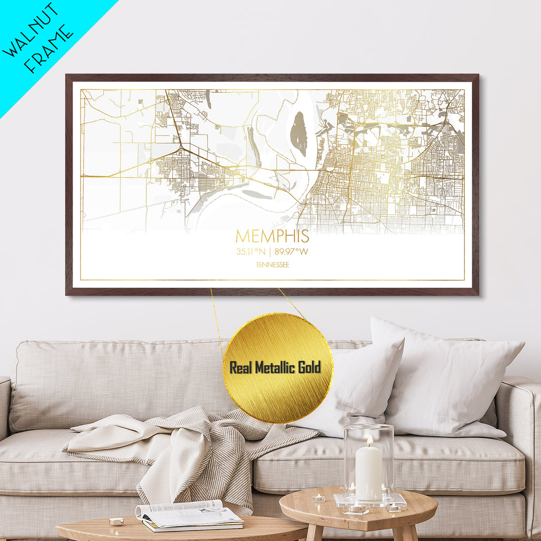 Memphis Tennessee City Poster, Metallic Gold Art, Metal Art, real wood frames, black and gold, Street Map Art, Housewarming Gift