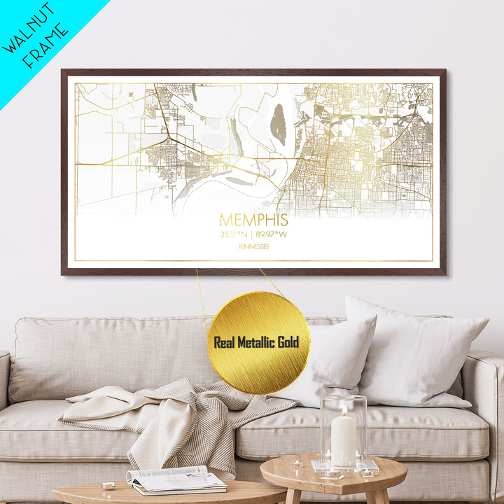 Memphis Tennessee City Poster, Metallic Gold Art, Metal Art, real wood frames, black and gold, Street Map Art, Housewarming Gift