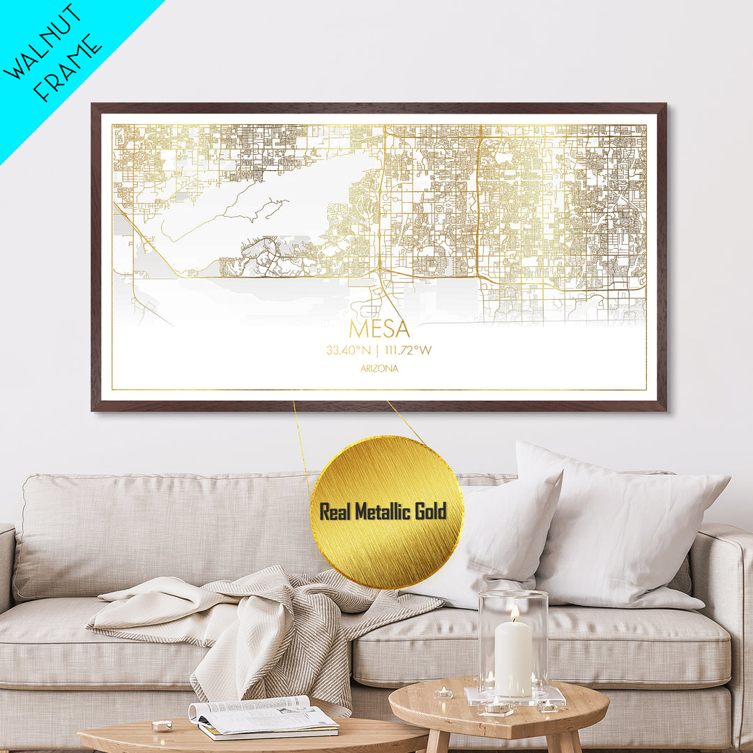 Mesa Arizona City street map, Metallic Gold Print, Metal Art, wood framed map, black and gold, Modern Wall Art, Street Map Wall Art