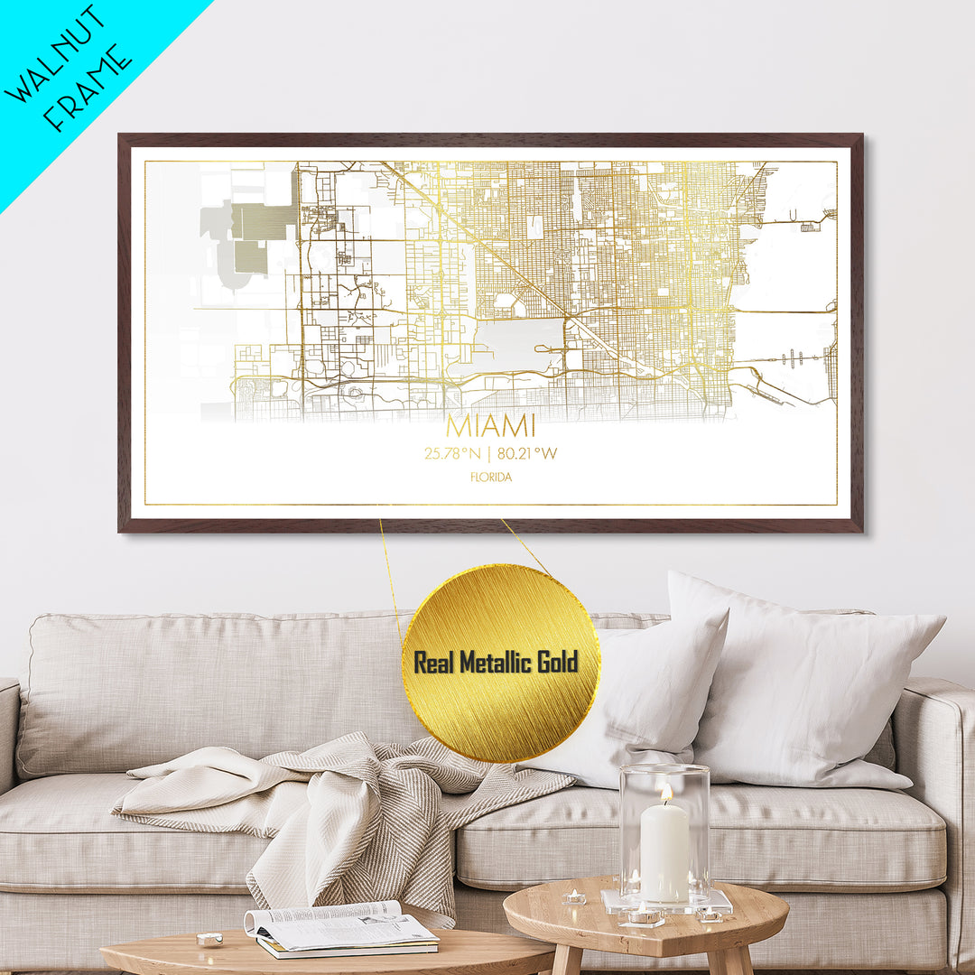Miami Florida City Poster, Metallic Gold Art, Metal Art, real wood frames, black and gold, Street Map Art, Map Print Poster