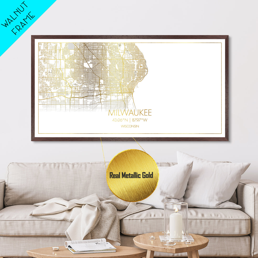 Milwaukee Wisconsin City Poster, Metallic Gold Art, Metal Art, real wood frames, black and gold, Street Map Art, Map Art